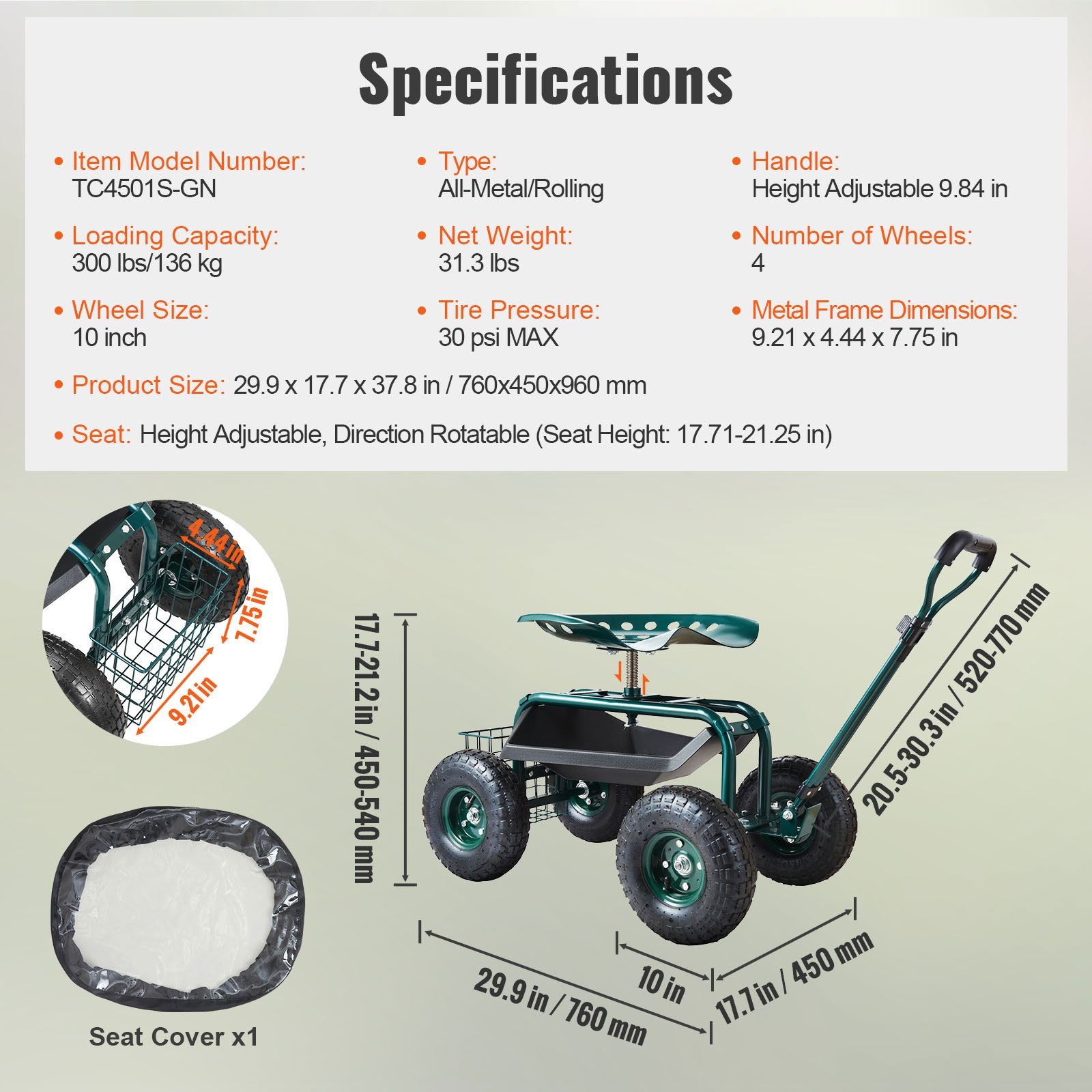 VEVOR Garden Cart Rolling Workseat With Wheels, Gardening Stool For Planting, 360 Degree Swivel Seat, Wagon Scooter With Steering Handle & Utility Tool Tray, Use For Patio, Yard, And Outdoors, Green - Image 4