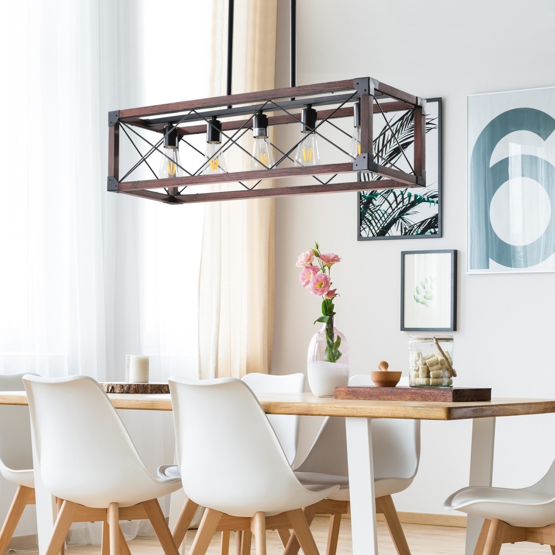 32in Red Wood Industrial Farmhouse Rectangle Pendant Light, 5-Light Chandelier For Dining Room, Kitchen Island, Cafe Decor No Bulbs - Image 8