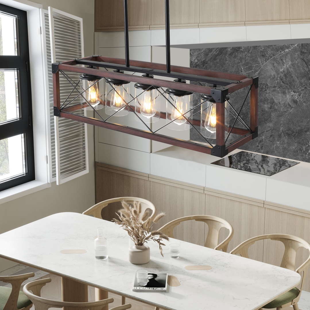 32in Red Wood Industrial Farmhouse Rectangle Pendant Light, 5-Light Chandelier With Lampshade For Dining Room, Kitchen Island, Cafe Decor No Bulbs - Image 3