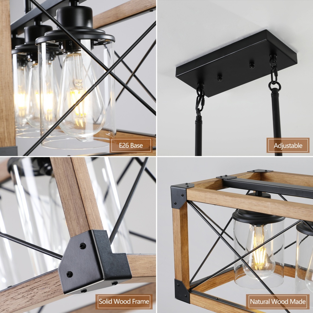 32in Walnut Industrial Farmhouse Rectangle Pendant Light, 5-Light Chandelier With Lampshades For Dining Room, Kitchen Island, Cafe Decor No Bulbs - Image 5