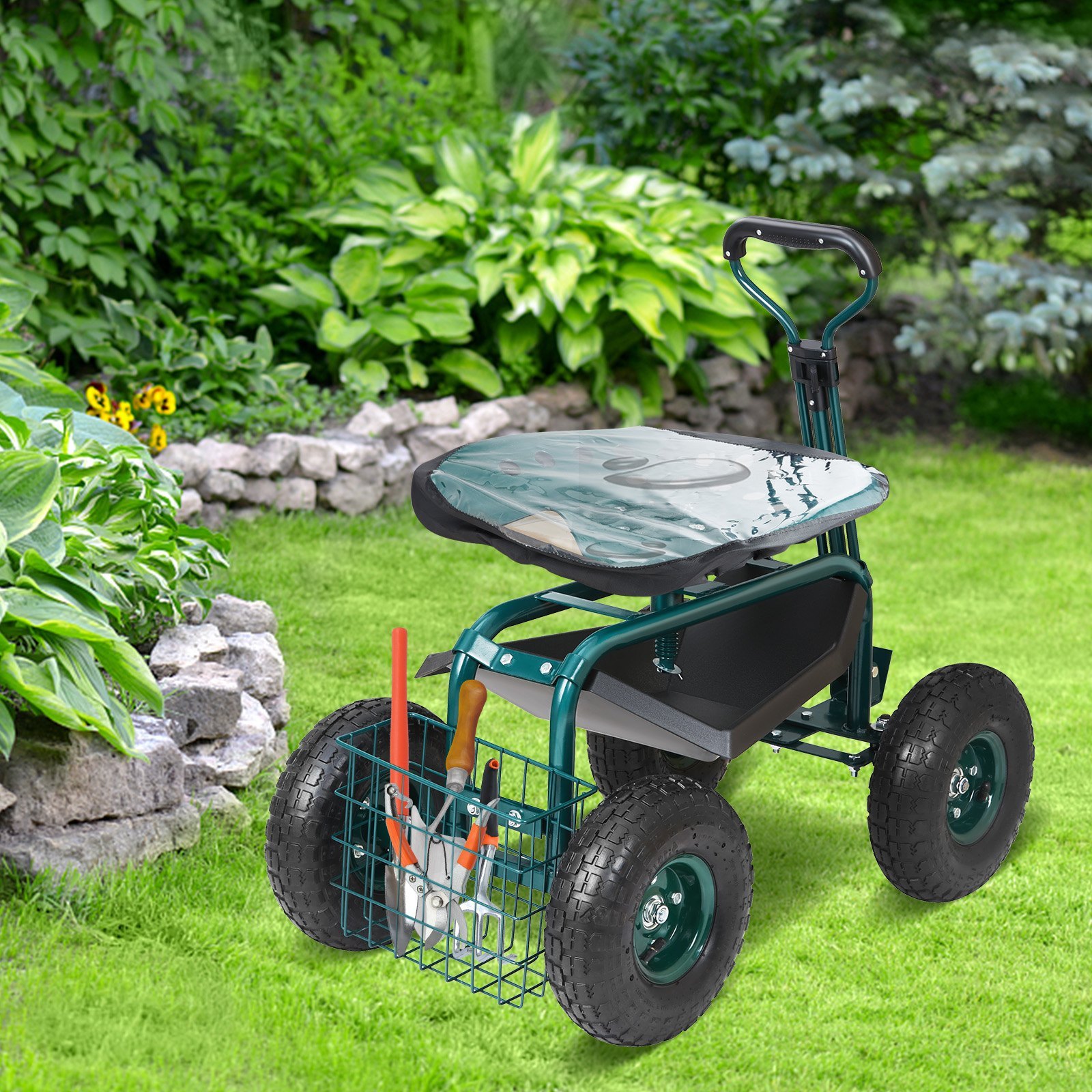 VEVOR Garden Cart Rolling Workseat With Wheels, Gardening Stool For Planting, 360 Degree Swivel Seat, Wagon Scooter With Steering Handle & Utility Tool Tray, Use For Patio, Yard, And Outdoors, Green - Image 6