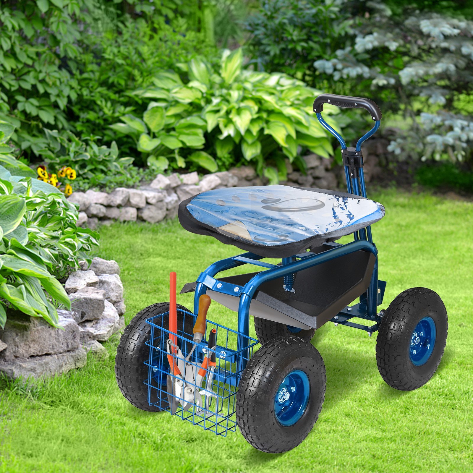 Garden Cart Rolling Workseat With Wheels, Gardening Stool For Planting, 360 Degree Swivel Seat, Wagon Scooter With Steering Handle & Utility Tool Tray, Use For Patio, Yard, And Outdoors, Blue - Image 2