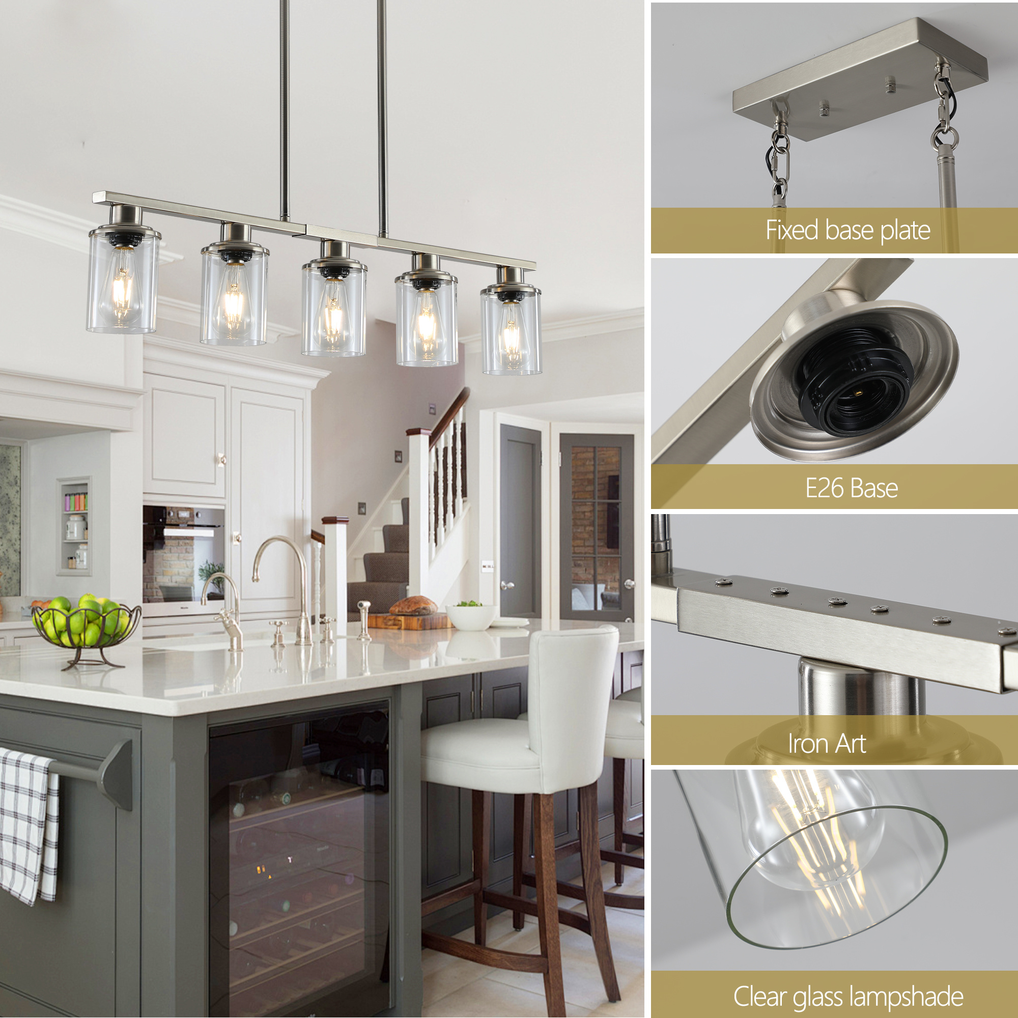 37 Brushed Nickel 5-Light Chandelier - Contemporary Kitchen Island Pendant Light With Clear Glass Shades For Dining Room, Farmhouse, Or Modern Decor No Bulbs - Image 9