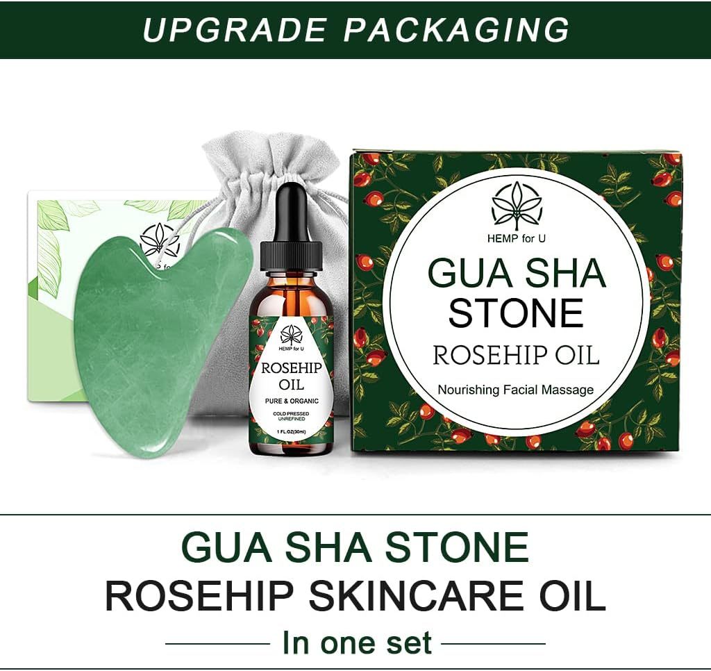 Gua Sha Massage Tools & Rosehip Oil In One Set, Nature Jade Stone Facial Gua Sha Products For Skin Massage, Beauty And Moisturizing , With Nice Travel Pouch - Image 4