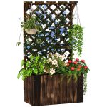 Wooden Planter With Trellis, Freestanding Raised Garden Bed With Drainage Holes, Outdoor Planter Box With Liner For Vegetables, Herbs And Flowers, Carbonised