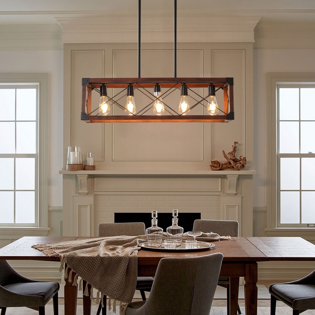 32in Red Wood Industrial Farmhouse Rectangle Pendant Light, 5-Light Chandelier For Dining Room, Kitchen Island, Cafe Decor No Bulbs - Image 2