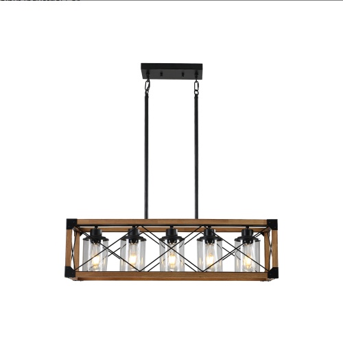 32 Inch Walnut Industrial Farmhouse Rectangle Pendant Light, 5-Light Chandelier With Lampshades For Dining Room, Kitchen Island, Cafe Decor No Bulbs - Image 7