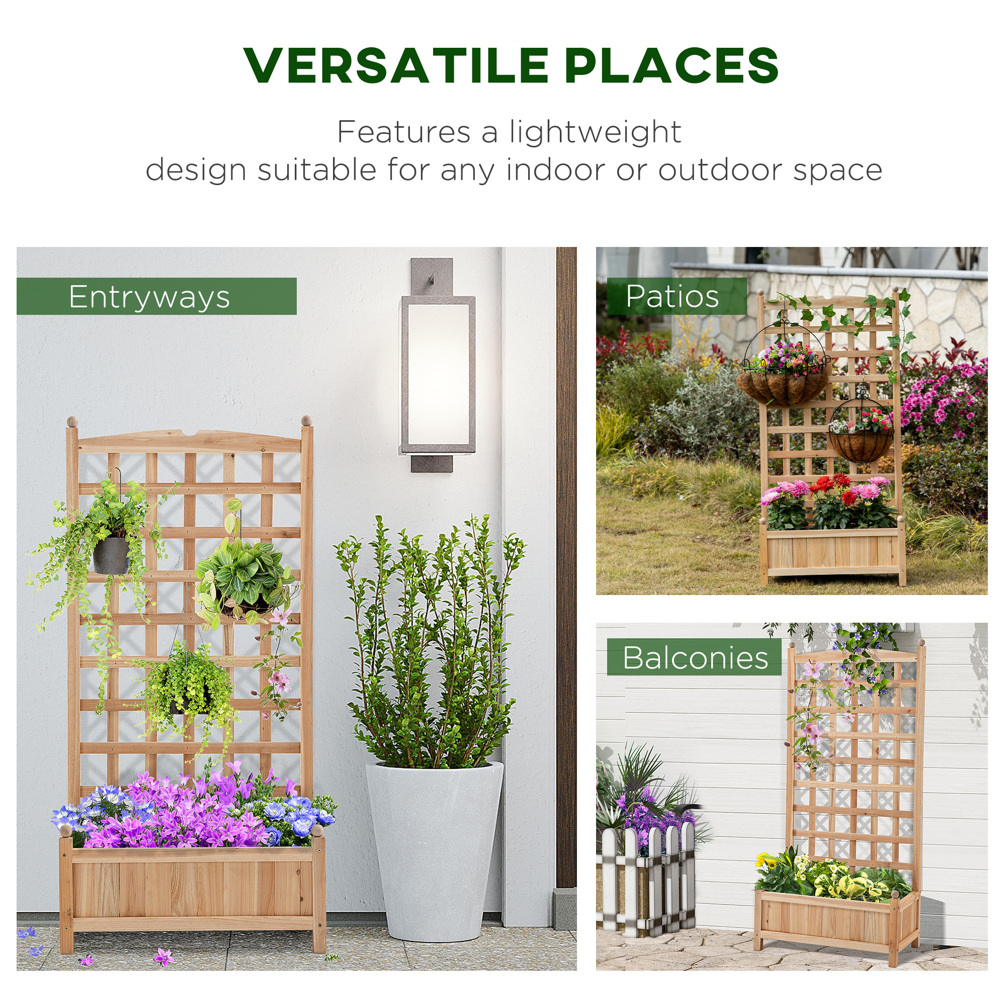 Wooden Raised Garden Bed With Trellis, Outdoor Planter Box With Drainage Crevices For Climbing Vine Plants Flowers, 24" X 12" X 49" - Image 4