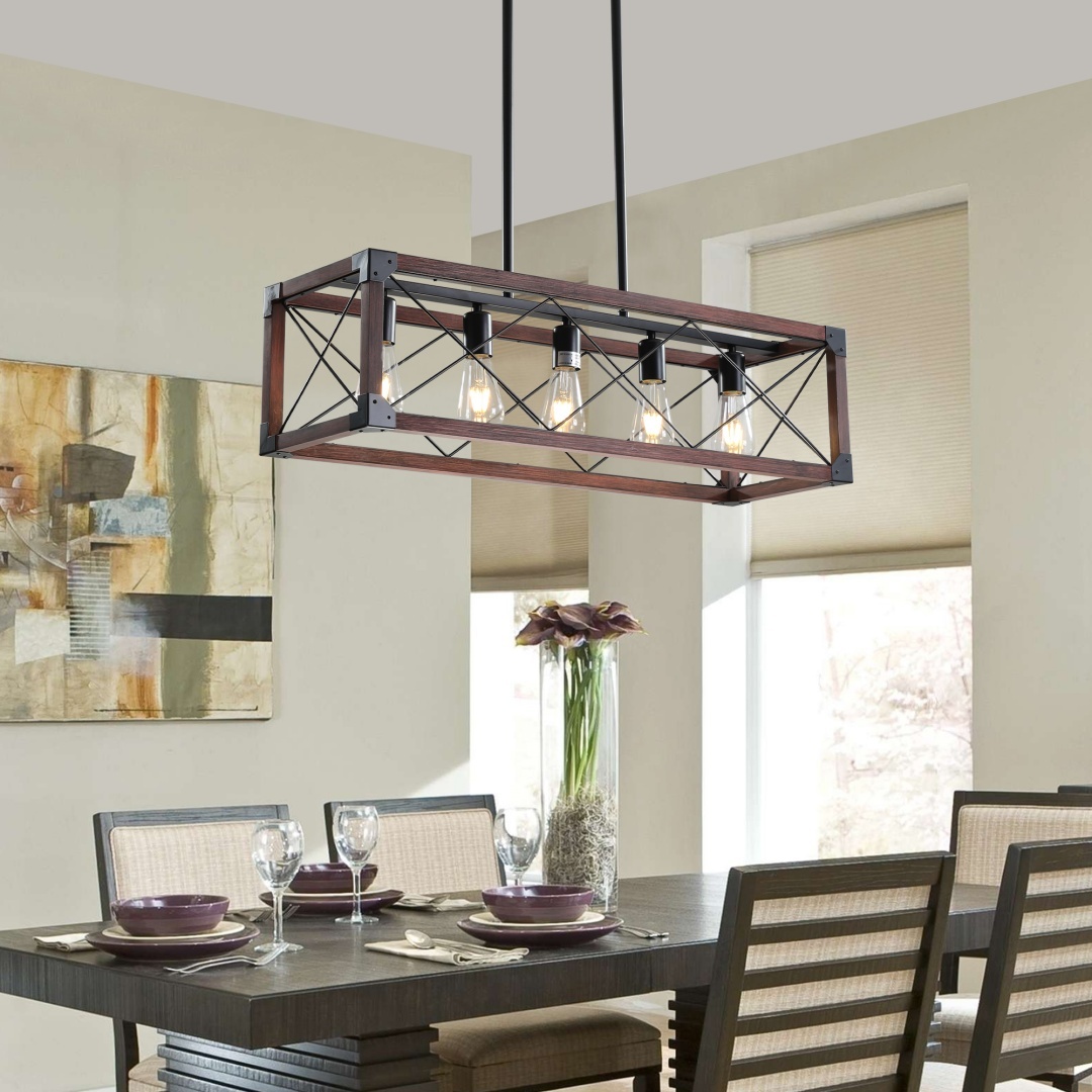 32in Red Wood Industrial Farmhouse Rectangle Pendant Light, 5-Light Chandelier For Dining Room, Kitchen Island, Cafe Decor No Bulbs - Image 3