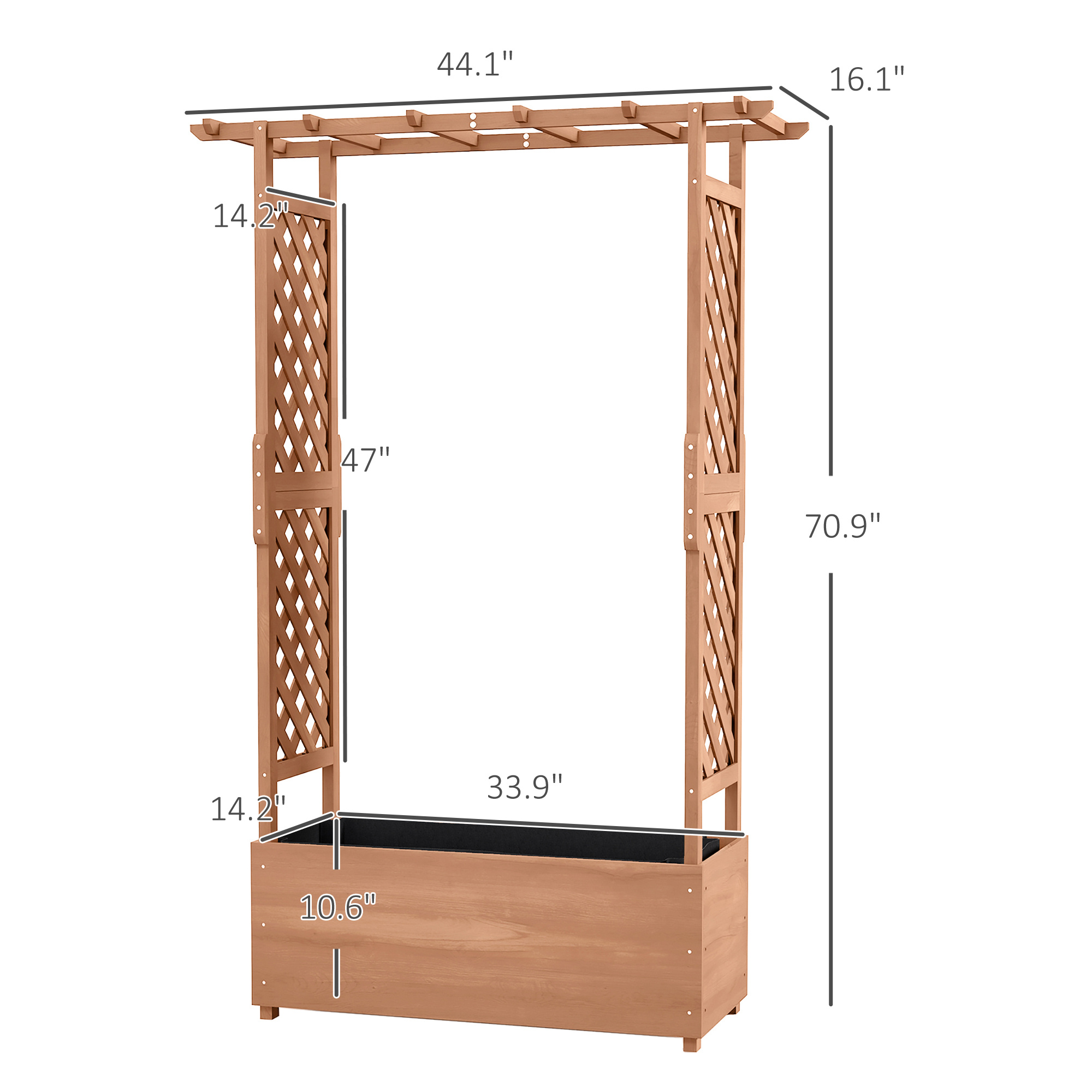 Raised Garden Bed With Trellises And Roof For Climbing Plant Vine, Hanging Flowers, 70.75" Tall Outdoor Wood Planter Box With Drainage & Filter - Image 2