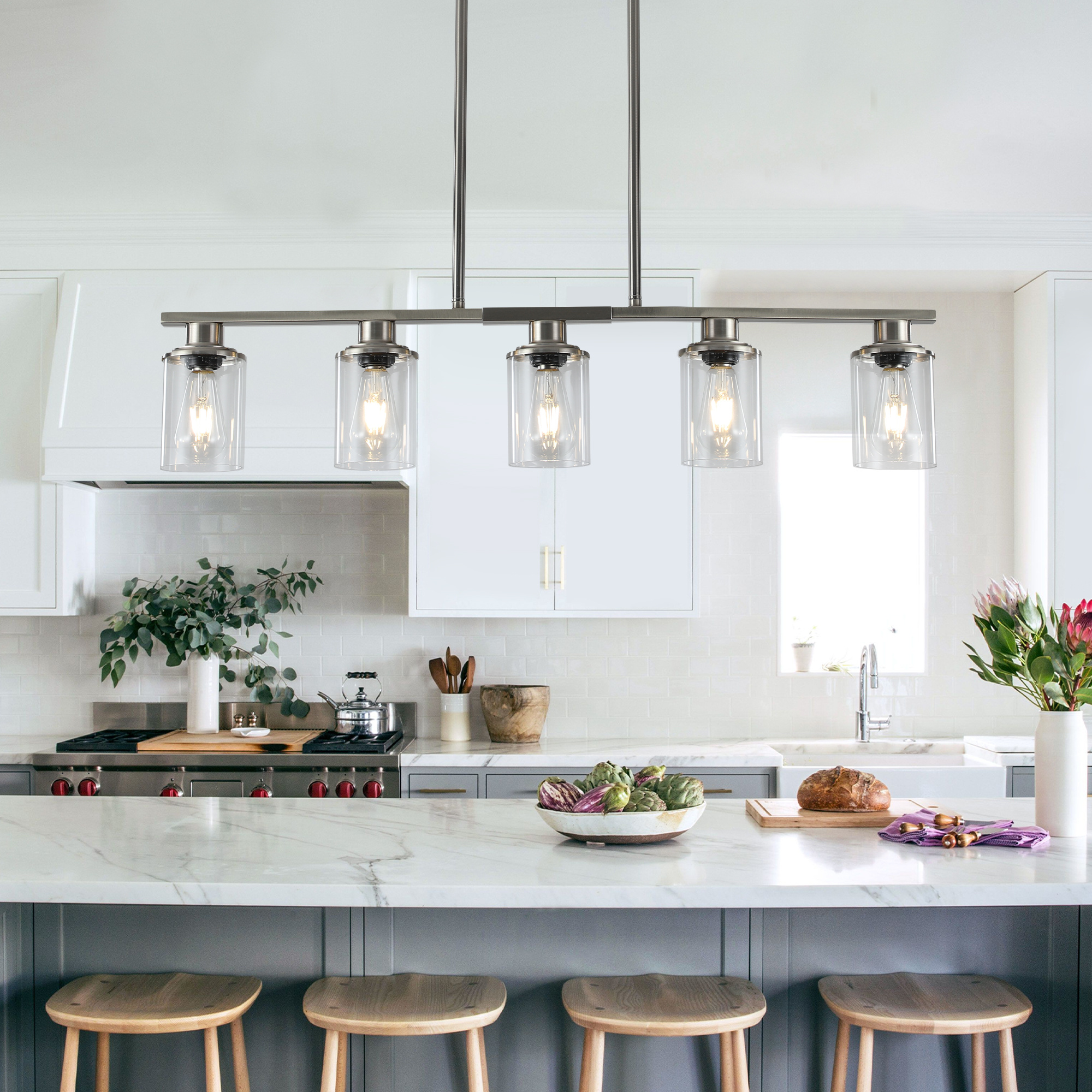 37 Brushed Nickel 5-Light Chandelier - Contemporary Kitchen Island Pendant Light With Clear Glass Shades For Dining Room, Farmhouse, Or Modern Decor No Bulbs - Image 6