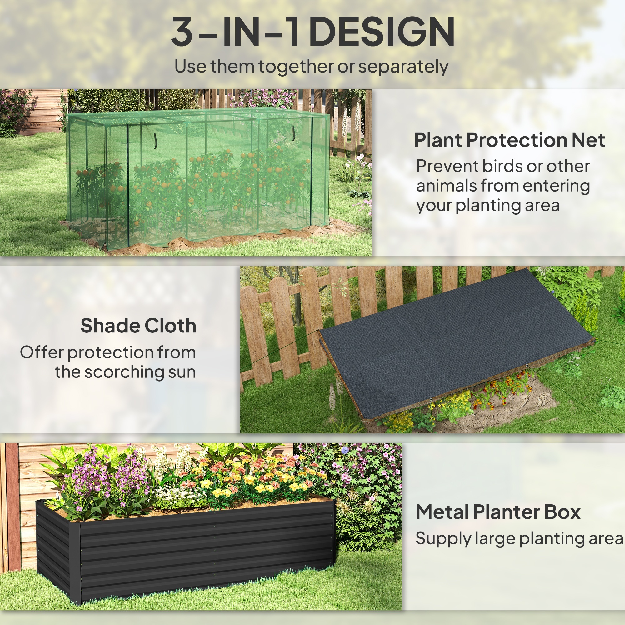 Galvanized Steel Planter Box With Crop Cage And Shade Cloth, Raised Garden Bed For Flowers, Veggies And Herbs, Dark Gray - Image 2
