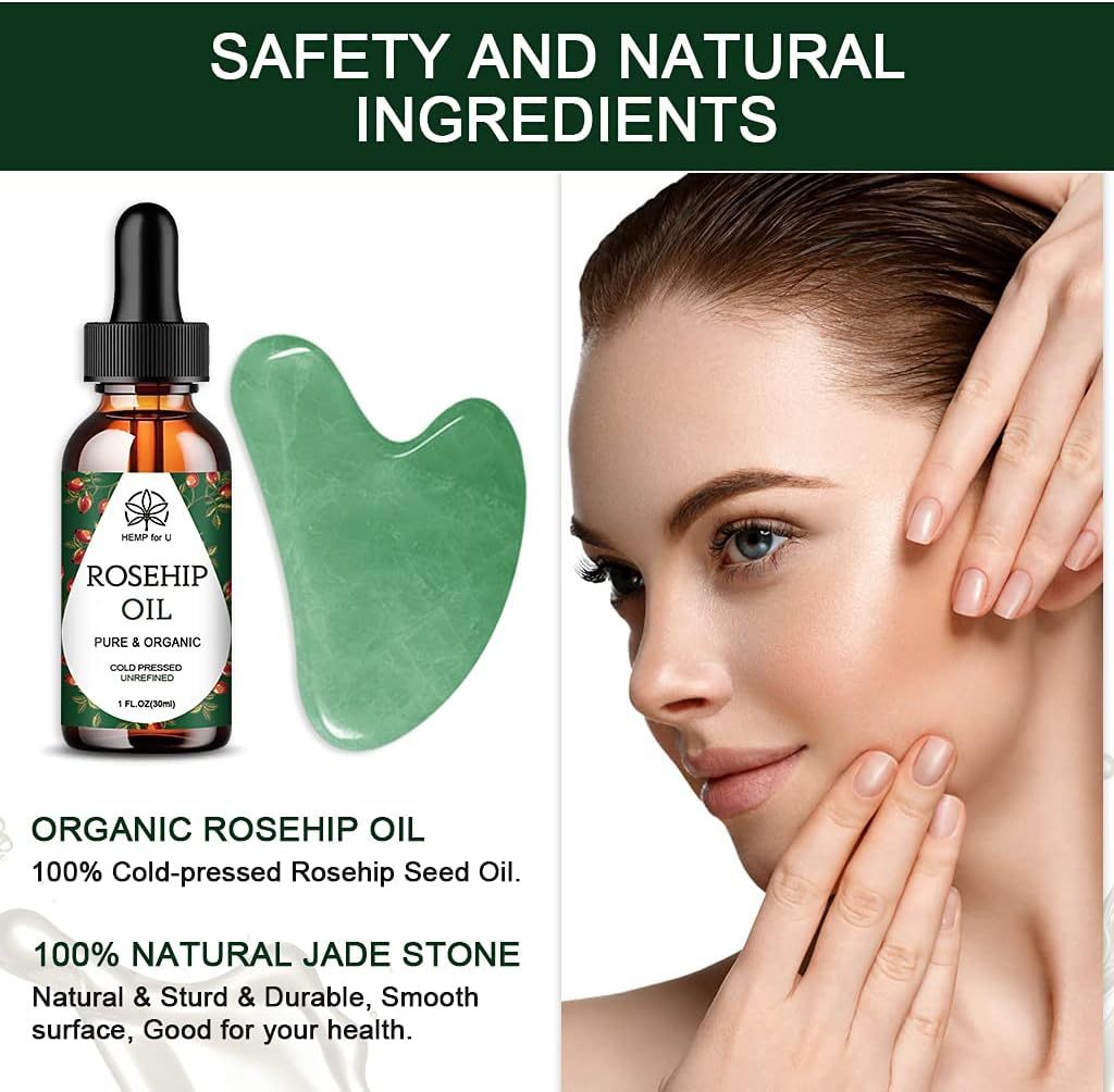 Gua Sha Massage Tools & Rosehip Oil In One Set, Nature Jade Stone Facial Gua Sha Products For Skin Massage, Beauty And Moisturizing , With Nice Travel Pouch - Image 5