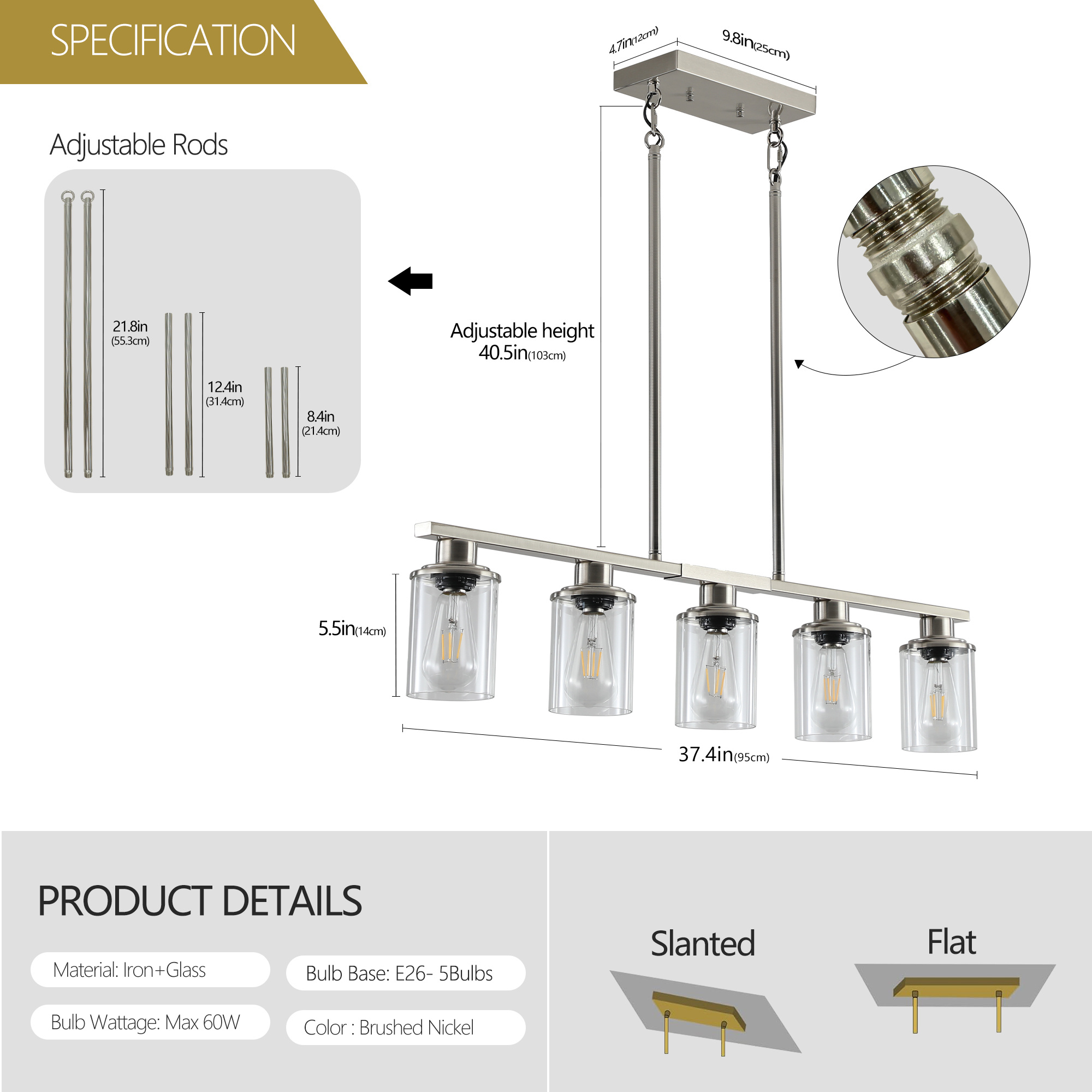 37 Brushed Nickel 5-Light Chandelier - Contemporary Kitchen Island Pendant Light With Clear Glass Shades For Dining Room, Farmhouse, Or Modern Decor No Bulbs - Image 3