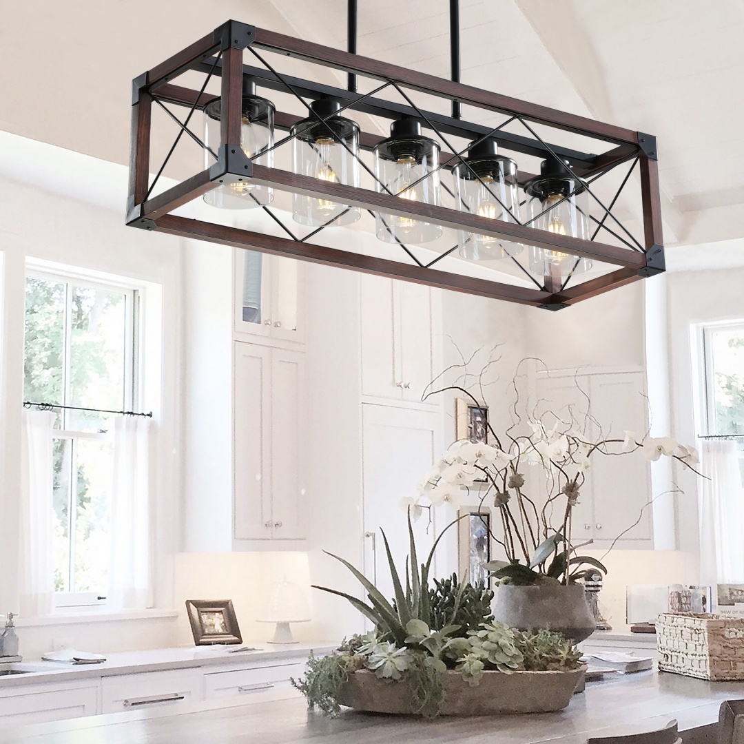 32in Red Wood Industrial Farmhouse Rectangle Pendant Light, 5-Light Chandelier With Lampshade For Dining Room, Kitchen Island, Cafe Decor No Bulbs - Image 2