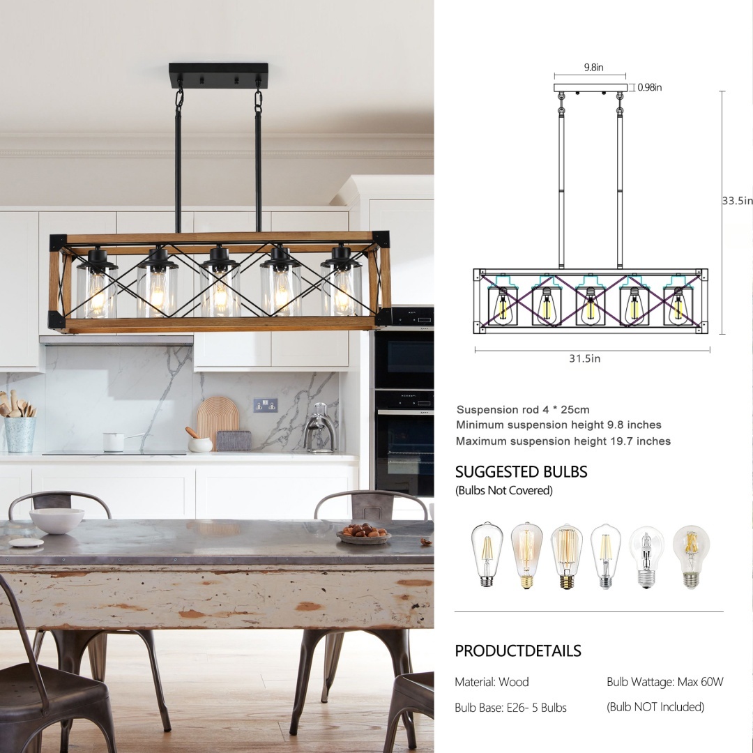 32in Walnut Industrial Farmhouse Rectangle Pendant Light, 5-Light Chandelier With Lampshades For Dining Room, Kitchen Island, Cafe Decor No Bulbs - Image 3