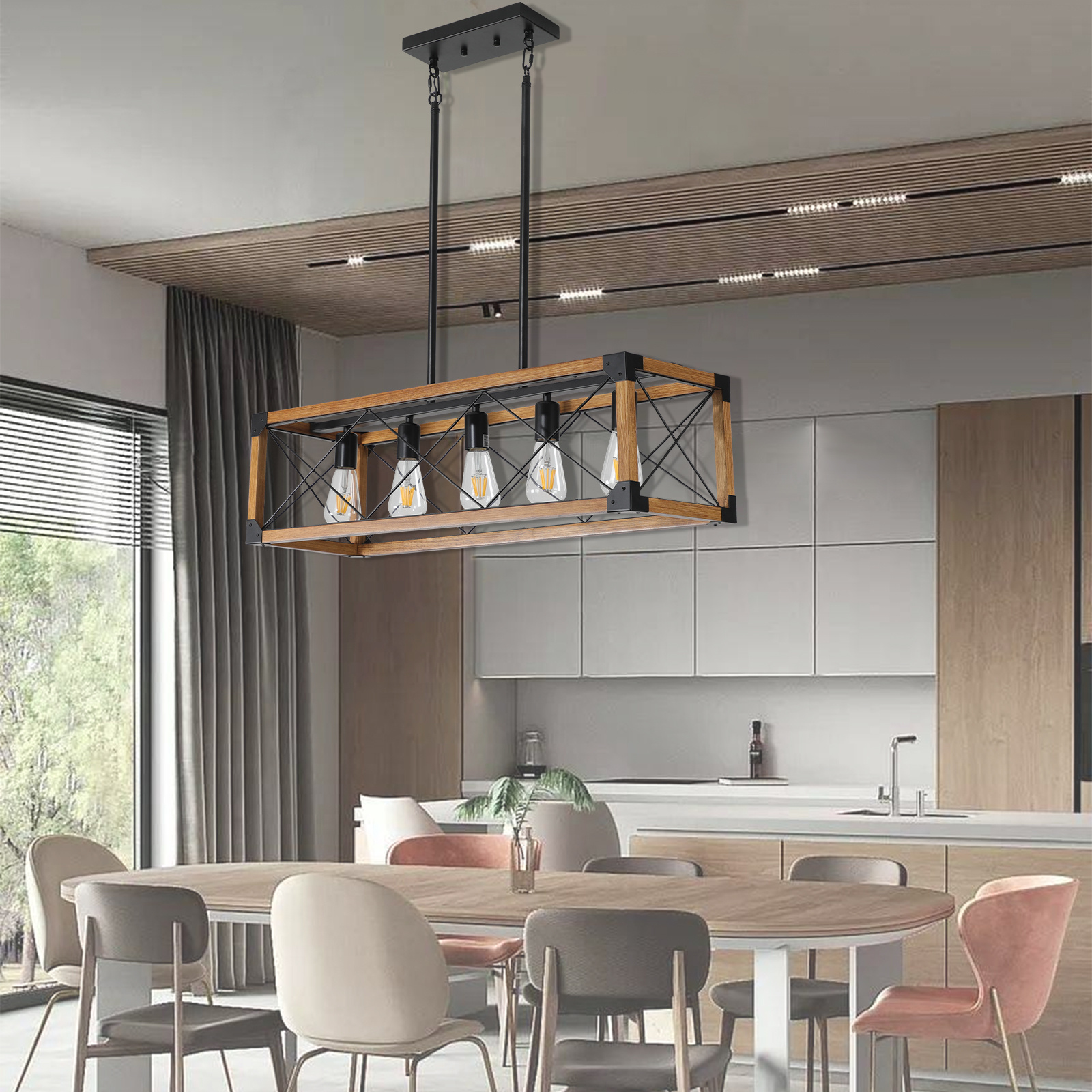 Same As W1340111207-L1011 32in Walnut Industrial Farmhouse Rectangle Pendant Light, 5-Light Chandelier For Dining Room, Kitchen Island, Cafe Decor -No Bulbs - Image 4