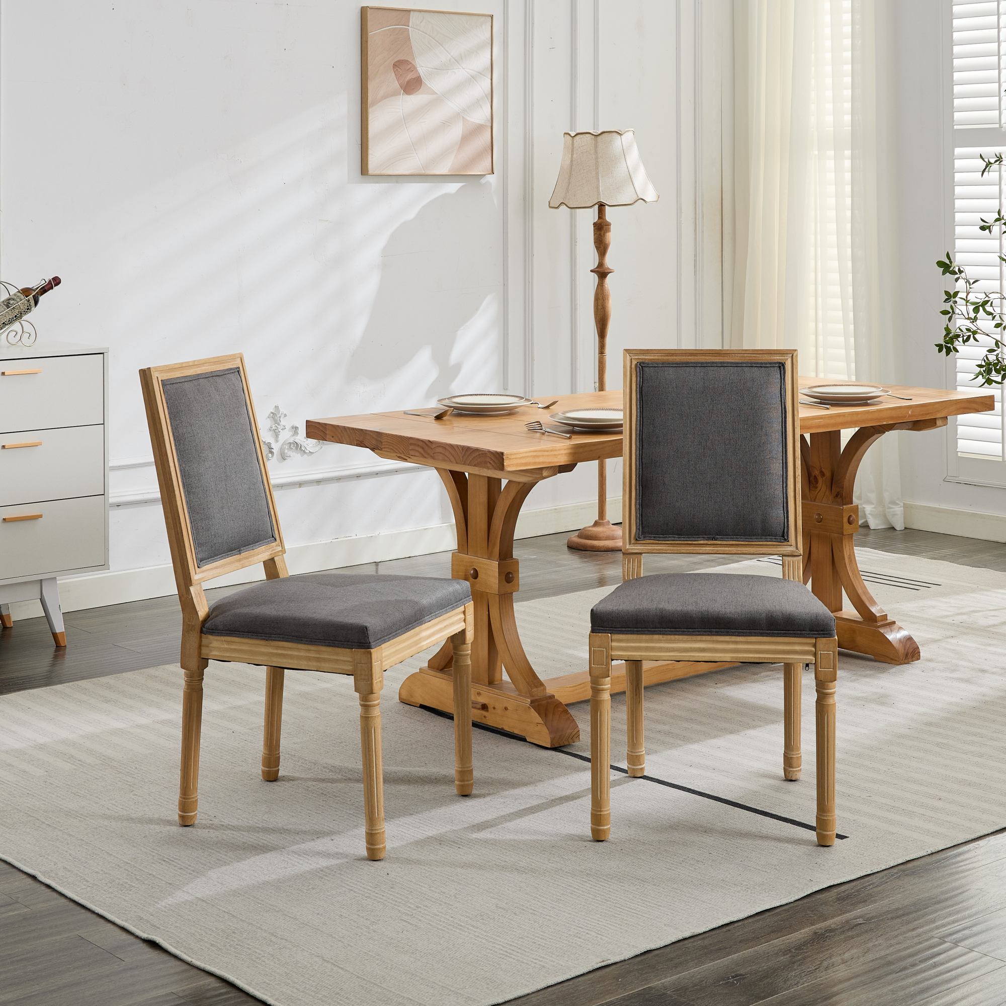 French Decor Chairs Set Of 2, Louis Dining Chairs With Square Backrest And Exquisitely Carved Solid Wood Frame For Living Room, Kitchen, Restaurant,SW1879GY, Gray