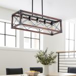 32in Red Wood Industrial Farmhouse Rectangle Pendant Light, 5-Light Chandelier For Dining Room, Kitchen Island, Cafe Decor No Bulbs