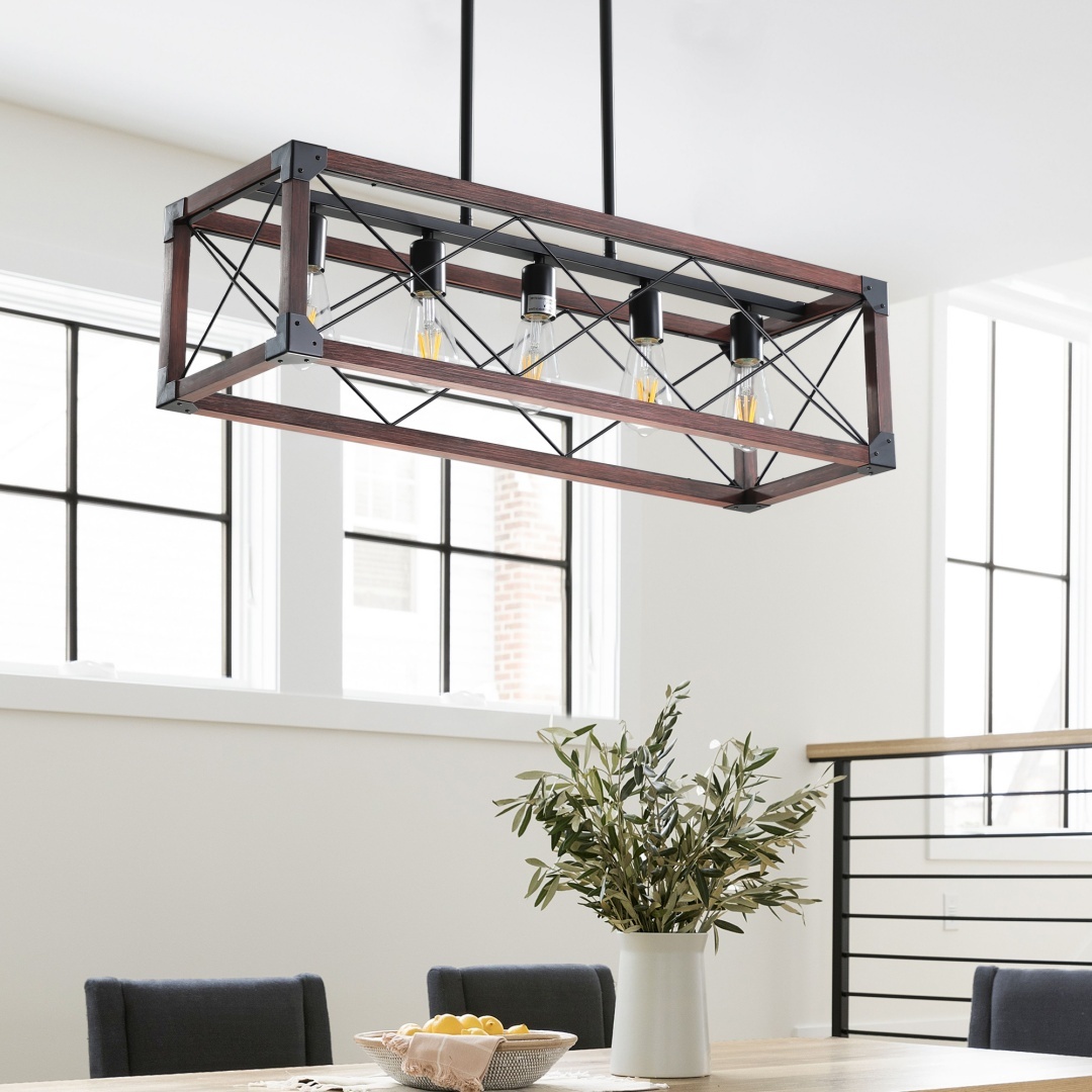 32in Red Wood Industrial Farmhouse Rectangle Pendant Light, 5-Light Chandelier For Dining Room, Kitchen Island, Cafe Decor No Bulbs