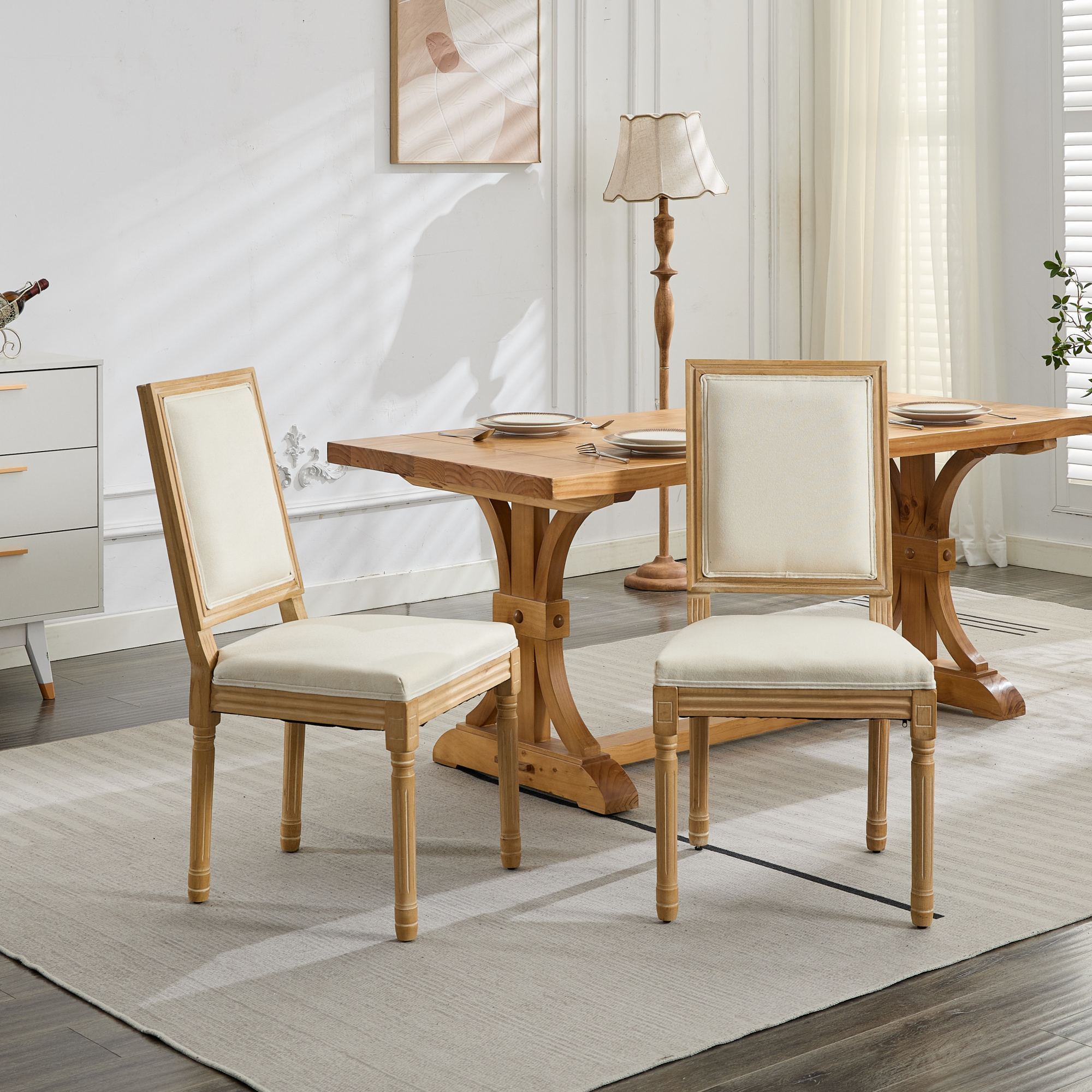 French Decor Chairs Set Of 2, Louis Dining Chairs With Square Backrest And Exquisitely Carved Solid Wood Frame For Living Room, Kitchen, Restaurant,SW1879BG, Beige