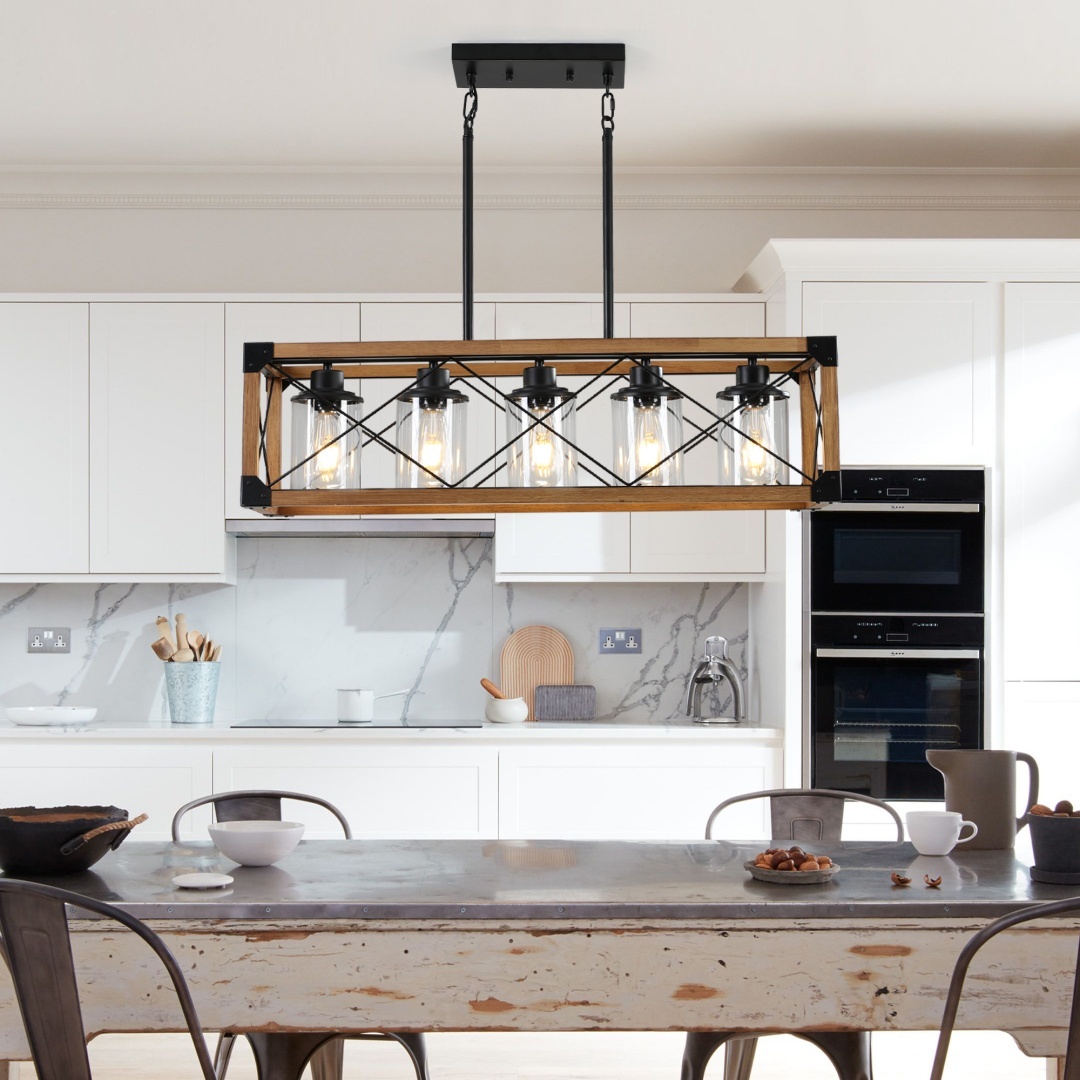 32in Walnut Industrial Farmhouse Rectangle Pendant Light, 5-Light Chandelier With Lampshades For Dining Room, Kitchen Island, Cafe Decor No Bulbs - Image 2