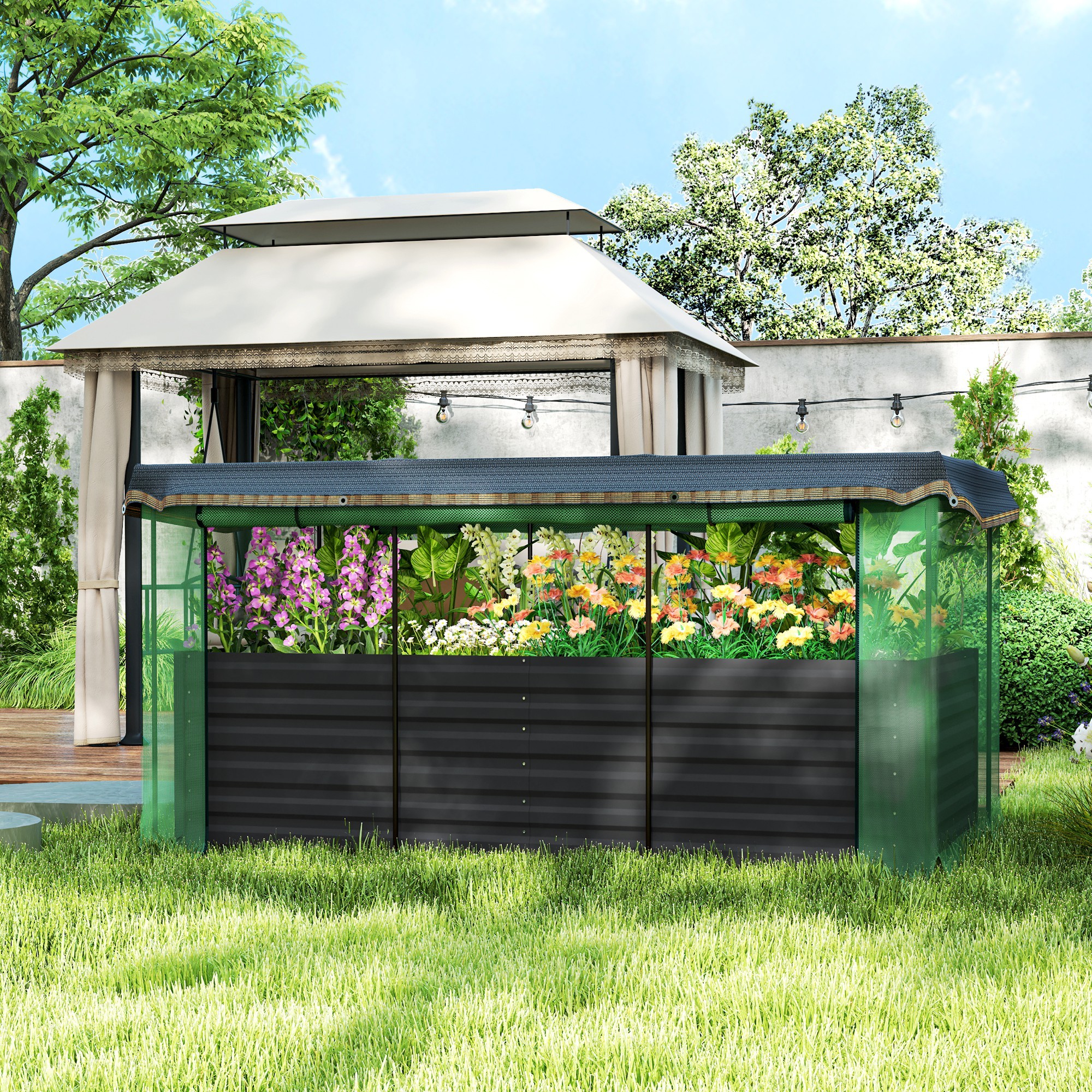 Galvanized Steel Planter Box With Crop Cage And Shade Cloth, Raised Garden Bed For Flowers, Veggies And Herbs, Dark Gray
