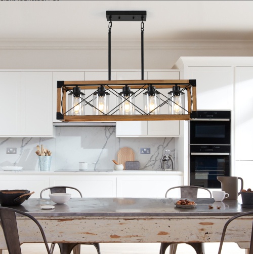 32 Inch Walnut Industrial Farmhouse Rectangle Pendant Light, 5-Light Chandelier With Lampshades For Dining Room, Kitchen Island, Cafe Decor No Bulbs