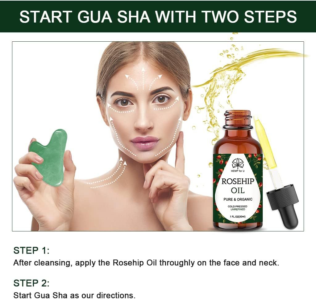 Gua Sha Massage Tools & Rosehip Oil In One Set, Nature Jade Stone Facial Gua Sha Products For Skin Massage, Beauty And Moisturizing , With Nice Travel Pouch - Image 6