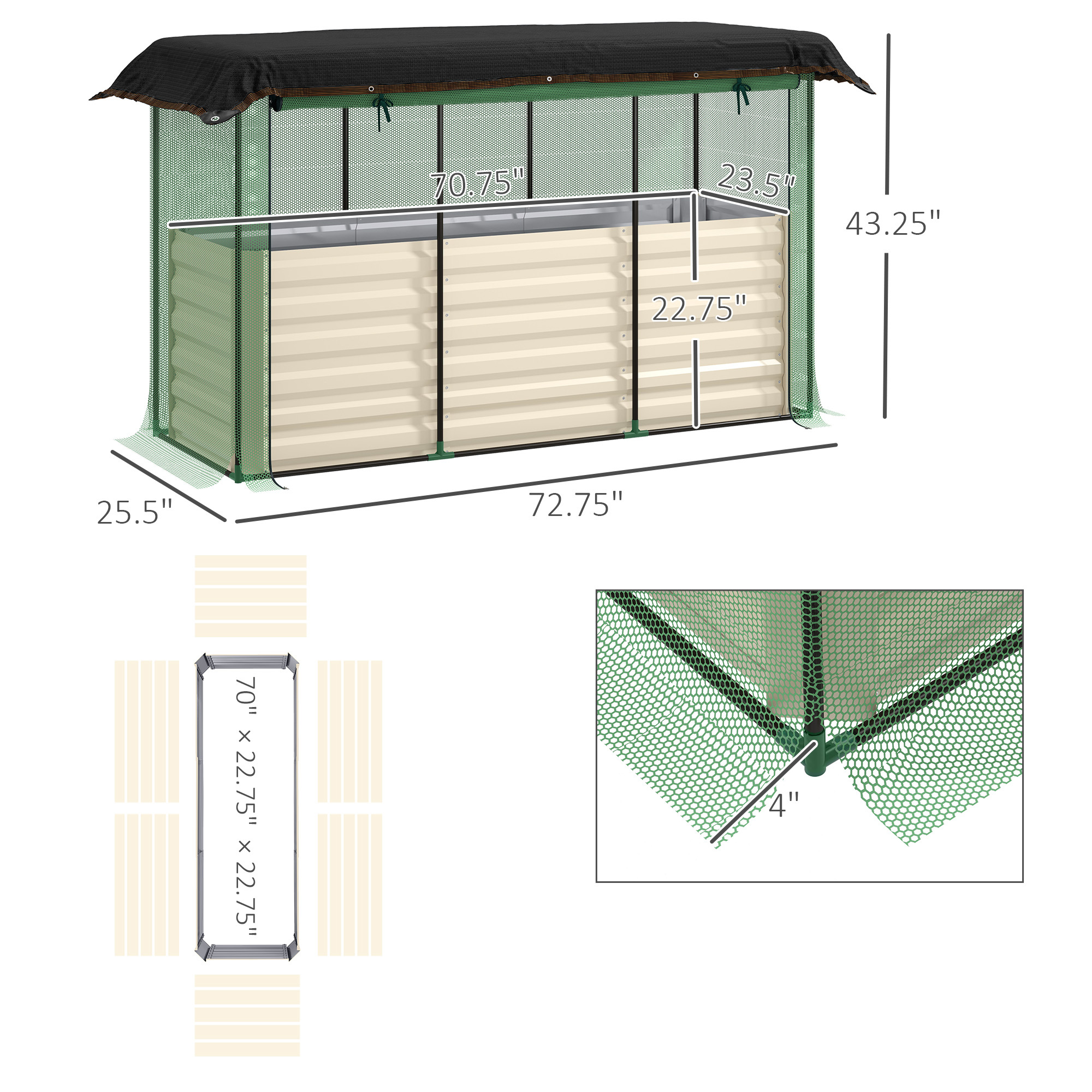 Galvanized Steel Planter Box With Crop Cage And Shade Cloth, Raised Garden Bed For Flowers, Veggies And Herbs, Beige - Image 3