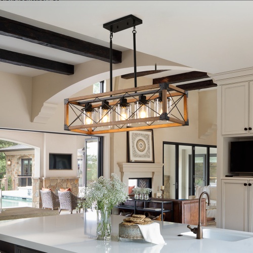 32 Inch Walnut Industrial Farmhouse Rectangle Pendant Light, 5-Light Chandelier With Lampshades For Dining Room, Kitchen Island, Cafe Decor No Bulbs - Image 3