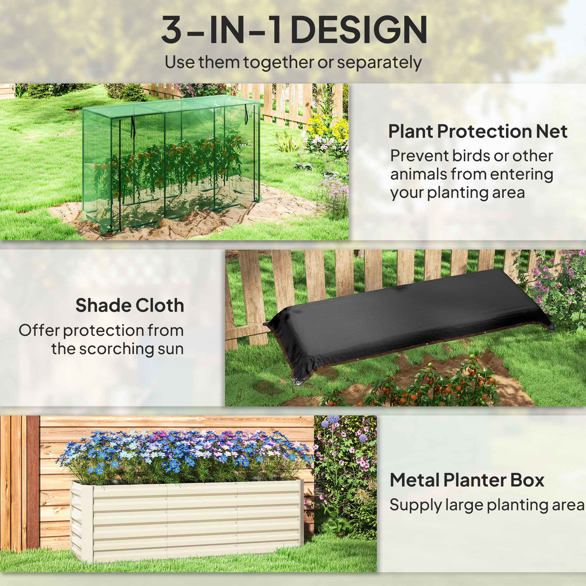 Galvanized Steel Planter Box With Crop Cage And Shade Cloth, Raised Garden Bed For Flowers, Veggies And Herbs, Beige - Image 2