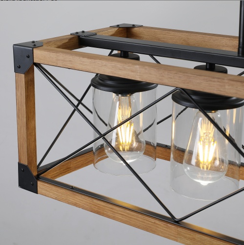 32 Inch Walnut Industrial Farmhouse Rectangle Pendant Light, 5-Light Chandelier With Lampshades For Dining Room, Kitchen Island, Cafe Decor No Bulbs - Image 9
