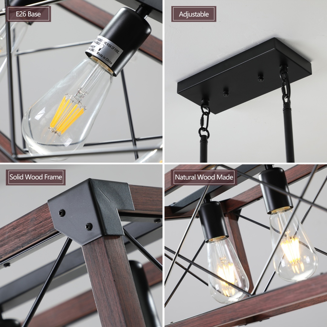 32in Red Wood Industrial Farmhouse Rectangle Pendant Light, 5-Light Chandelier For Dining Room, Kitchen Island, Cafe Decor No Bulbs - Image 9