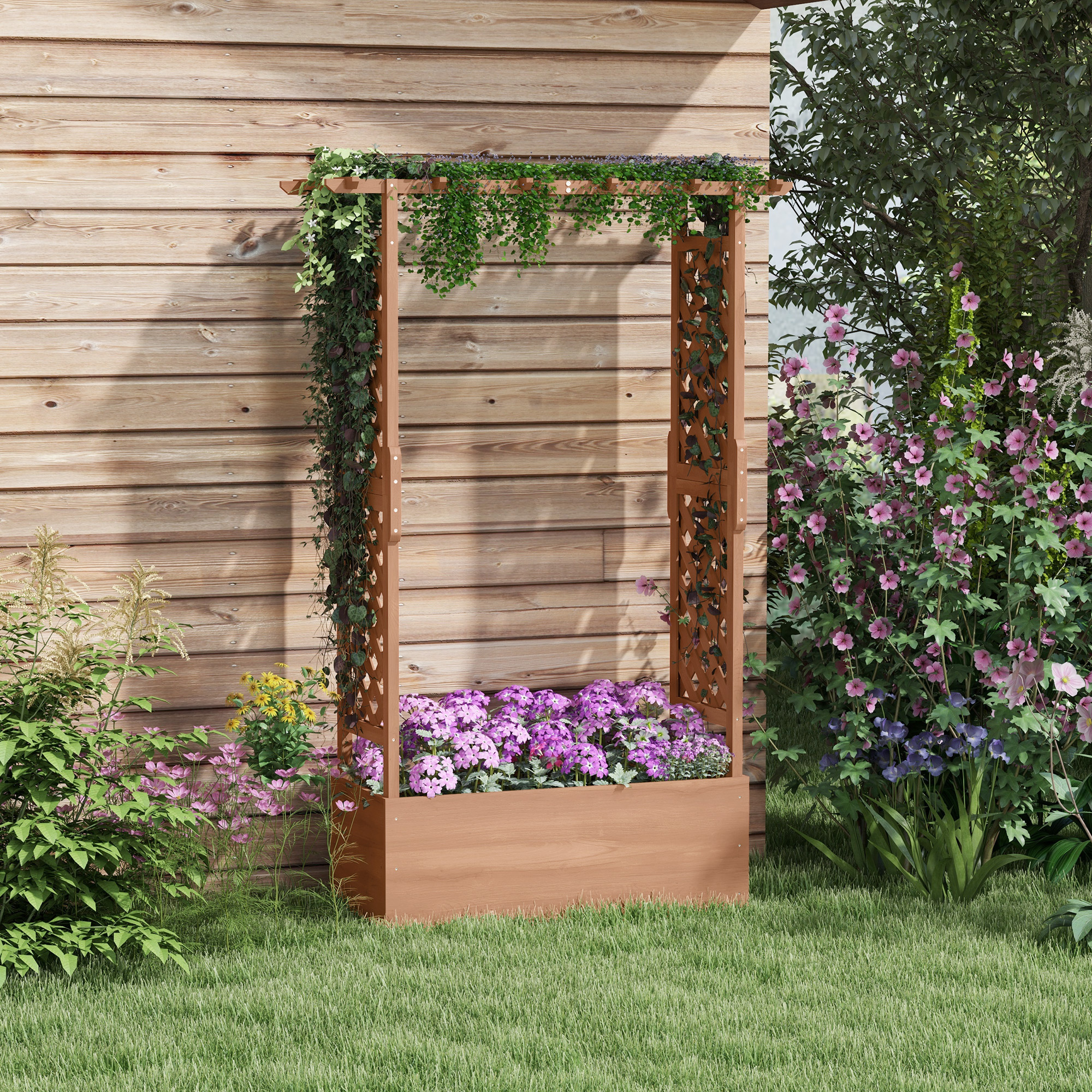 Raised Garden Bed With Trellises And Roof For Climbing Plant Vine, Hanging Flowers, 70.75" Tall Outdoor Wood Planter Box With Drainage & Filter