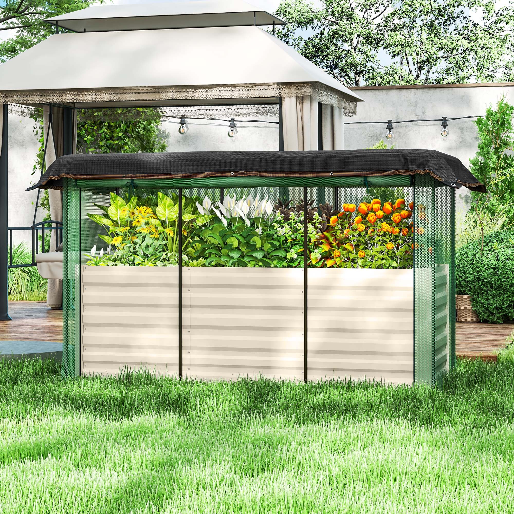 Galvanized Steel Planter Box With Crop Cage And Shade Cloth, Raised Garden Bed For Flowers, Veggies And Herbs, Beige