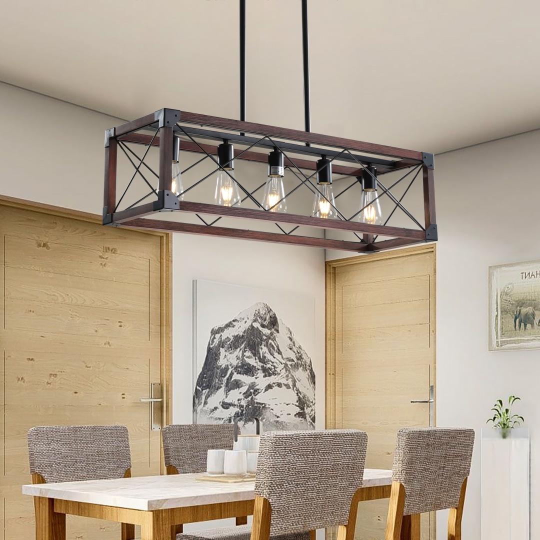 32in Red Wood Industrial Farmhouse Rectangle Pendant Light, 5-Light Chandelier For Dining Room, Kitchen Island, Cafe Decor No Bulbs - Image 7
