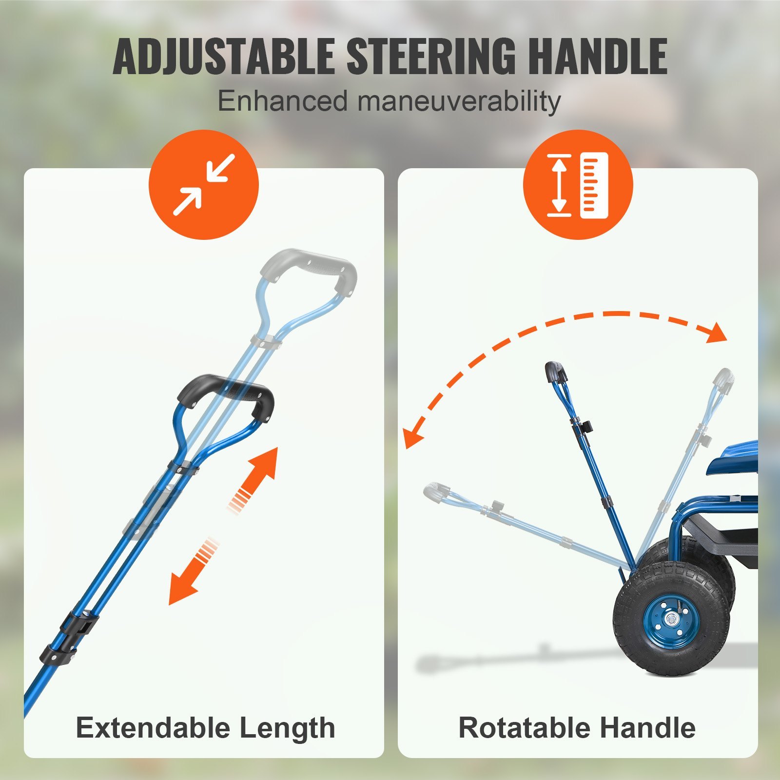 Garden Cart Rolling Workseat With Wheels, Gardening Stool For Planting, 360 Degree Swivel Seat, Wagon Scooter With Steering Handle & Utility Tool Tray, Use For Patio, Yard, And Outdoors, Blue - Image 5