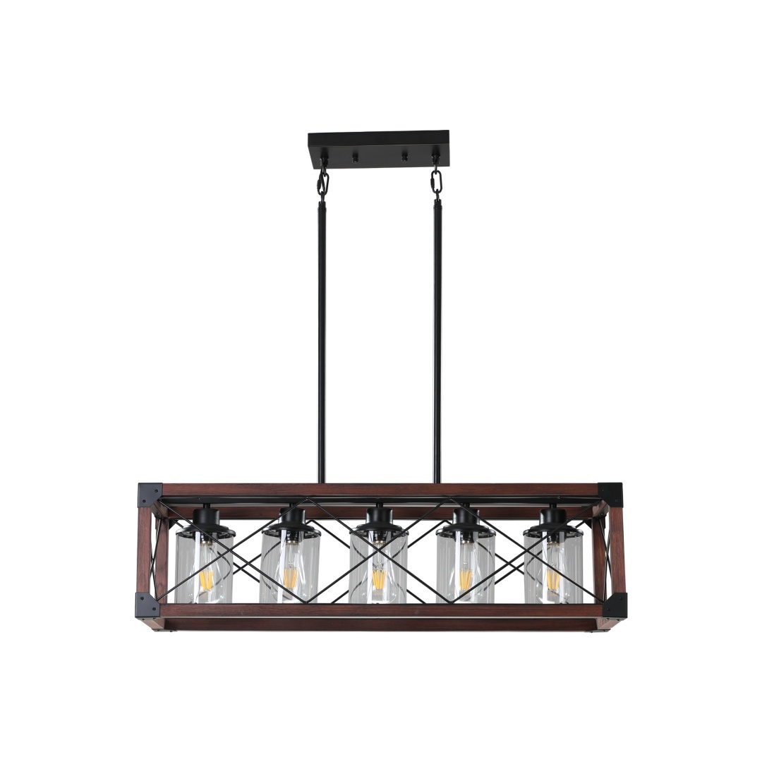32in Red Wood Industrial Farmhouse Rectangle Pendant Light, 5-Light Chandelier With Lampshade For Dining Room, Kitchen Island, Cafe Decor No Bulbs - Image 6
