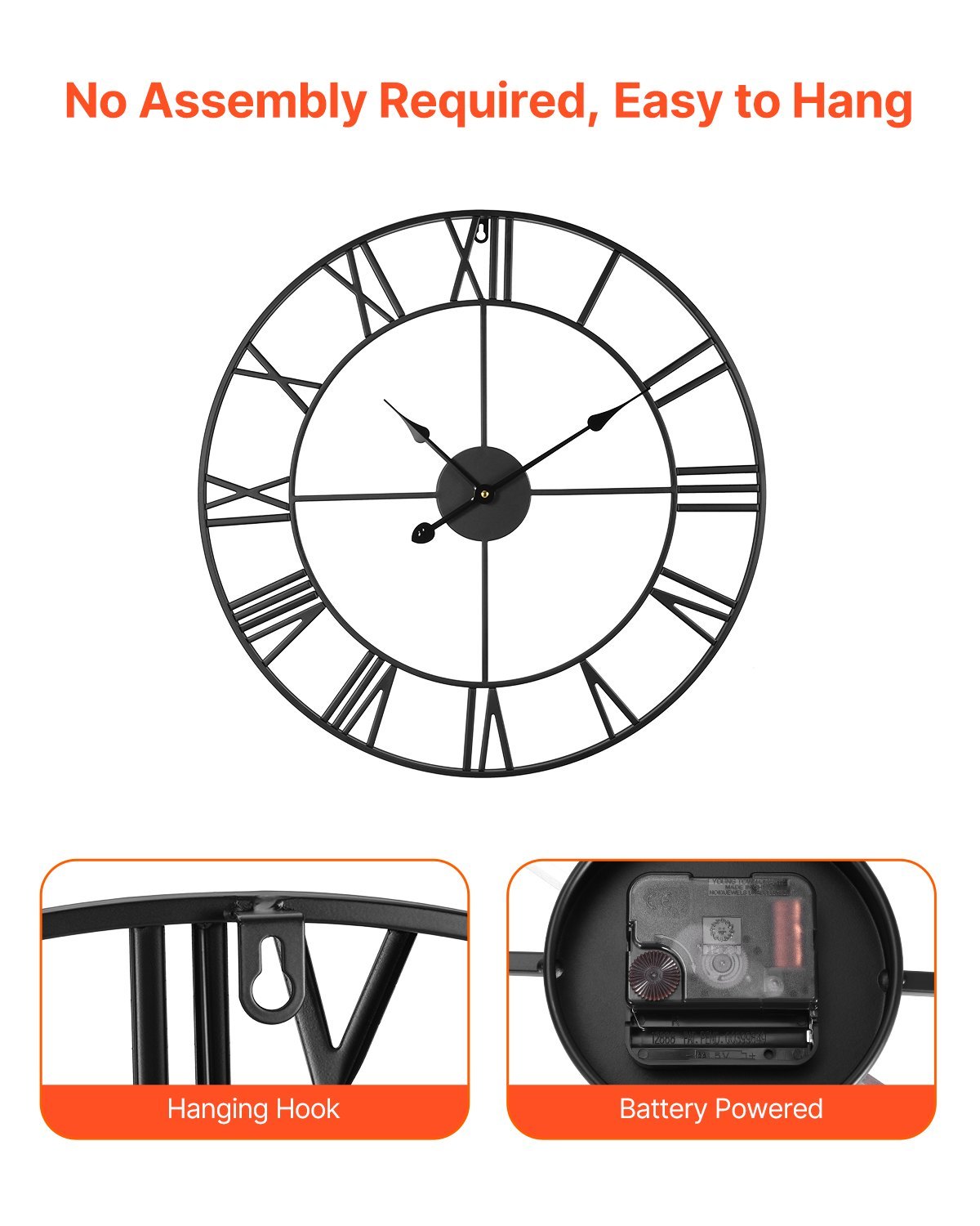 Wall Clock, 24 In Wall Clock Roman Numerals, Battery Operated Non Ticking Silent Classic Decorative Round Clocks, For Living Room Bedroom Office Kitchen Dining Room Home Decor Farmhouse, Black - Image 4
