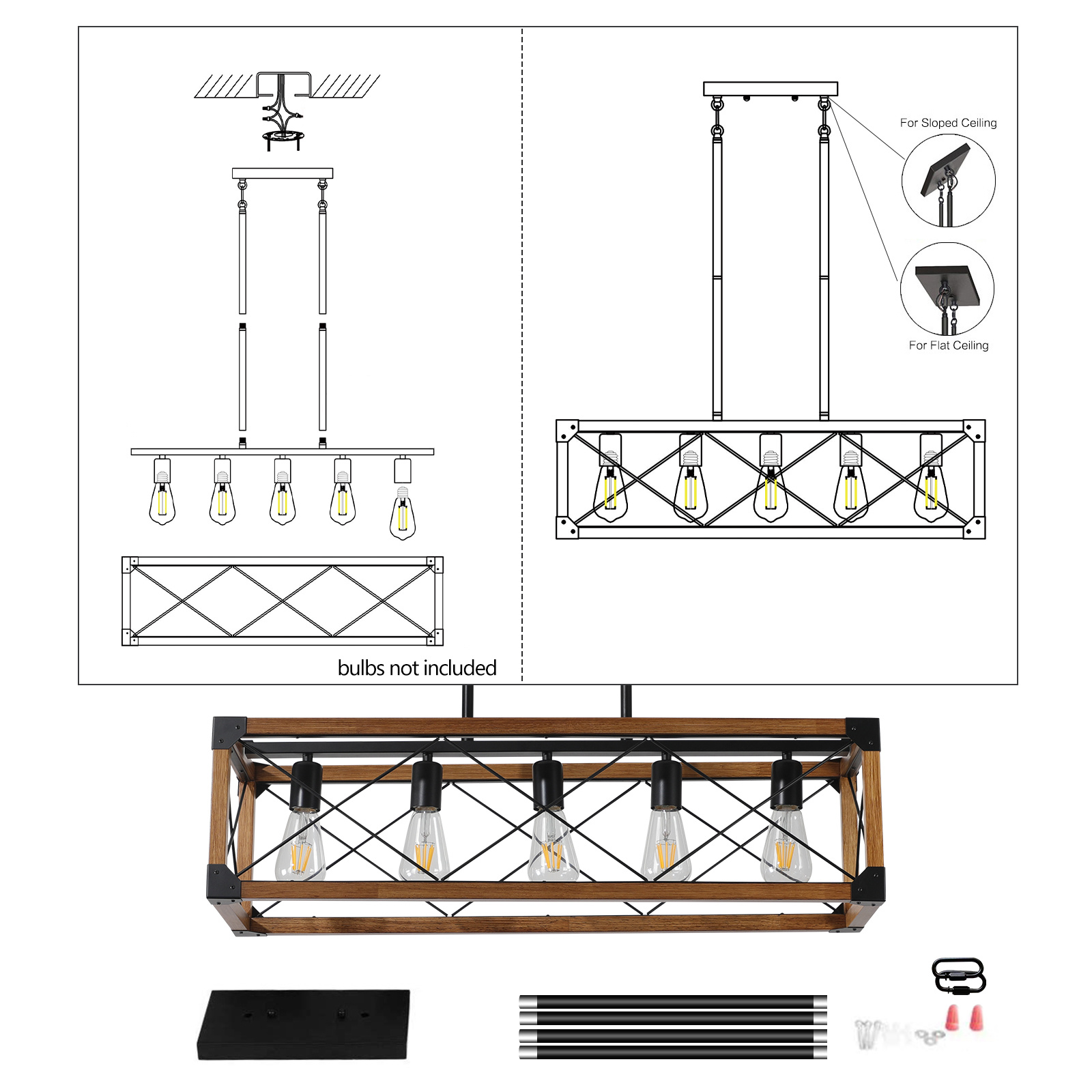 Same As W1340111207-L1011 32in Walnut Industrial Farmhouse Rectangle Pendant Light, 5-Light Chandelier For Dining Room, Kitchen Island, Cafe Decor -No Bulbs - Image 7