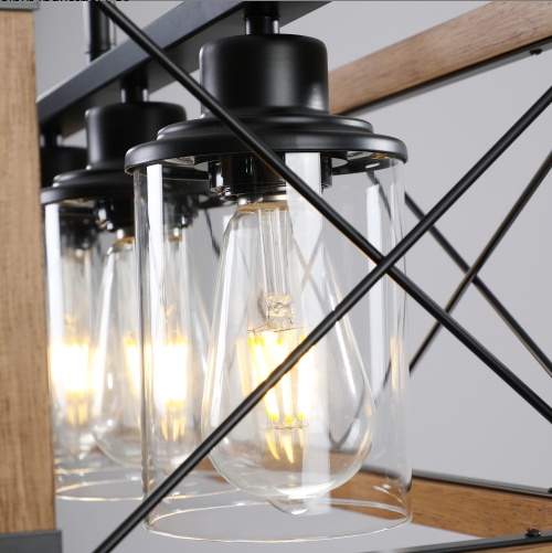 32 Inch Walnut Industrial Farmhouse Rectangle Pendant Light, 5-Light Chandelier With Lampshades For Dining Room, Kitchen Island, Cafe Decor No Bulbs - Image 2