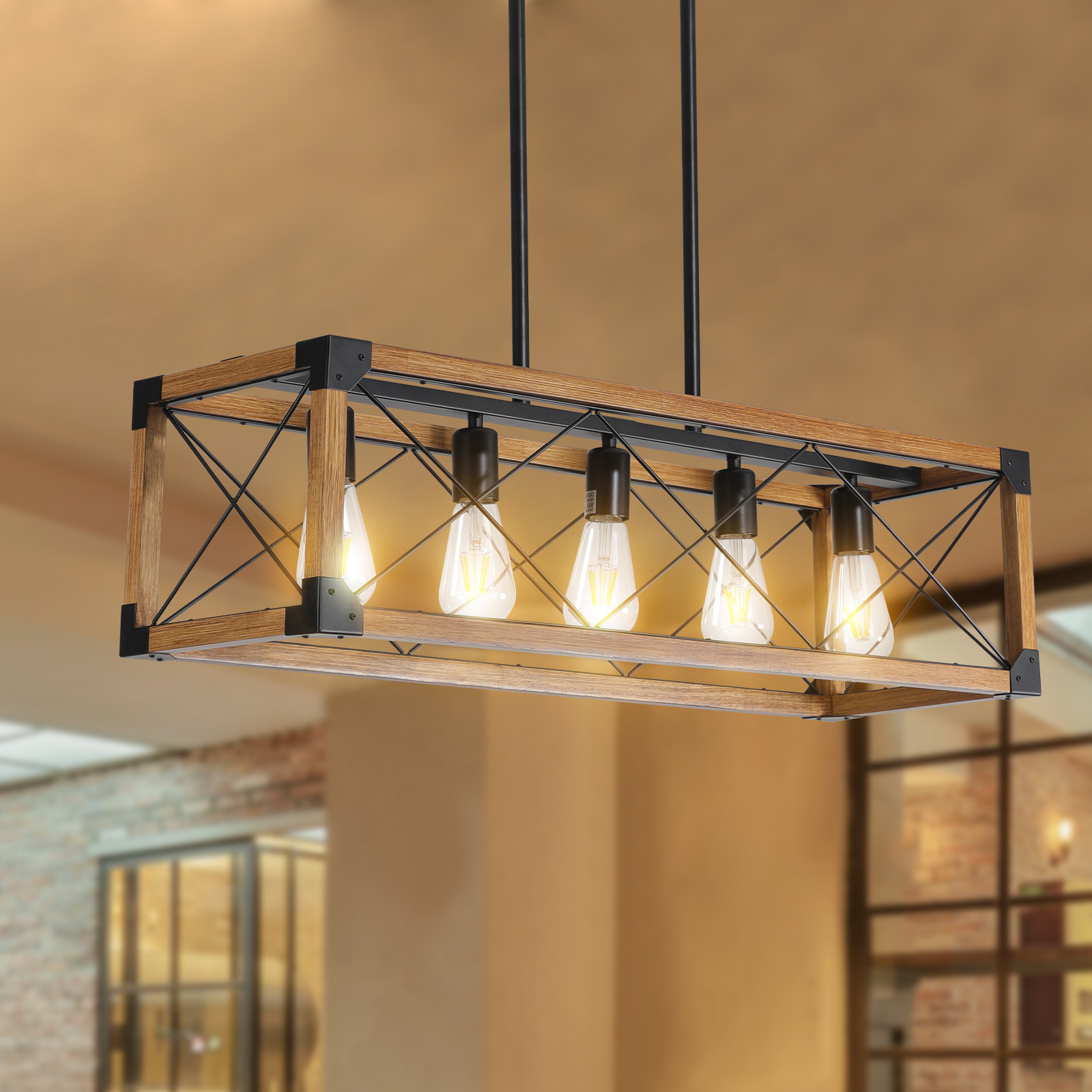 Same As W1340111207-L1011 32in Walnut Industrial Farmhouse Rectangle Pendant Light, 5-Light Chandelier For Dining Room, Kitchen Island, Cafe Decor -No Bulbs