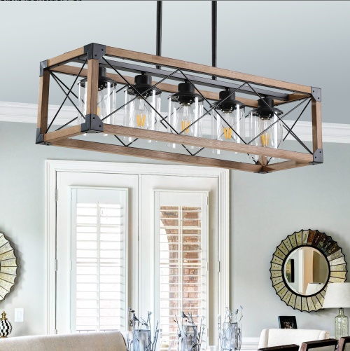 32 Inch Walnut Industrial Farmhouse Rectangle Pendant Light, 5-Light Chandelier With Lampshades For Dining Room, Kitchen Island, Cafe Decor No Bulbs - Image 4