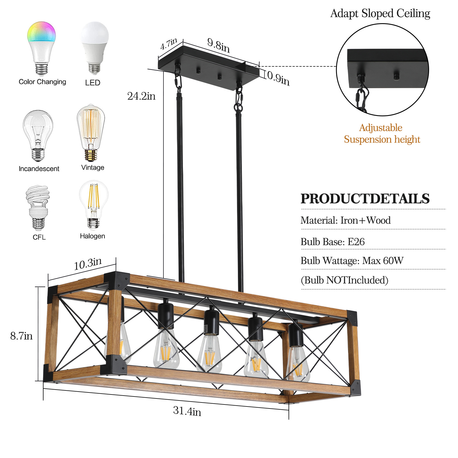 Same As W1340111207-L1011 32in Walnut Industrial Farmhouse Rectangle Pendant Light, 5-Light Chandelier For Dining Room, Kitchen Island, Cafe Decor -No Bulbs - Image 6