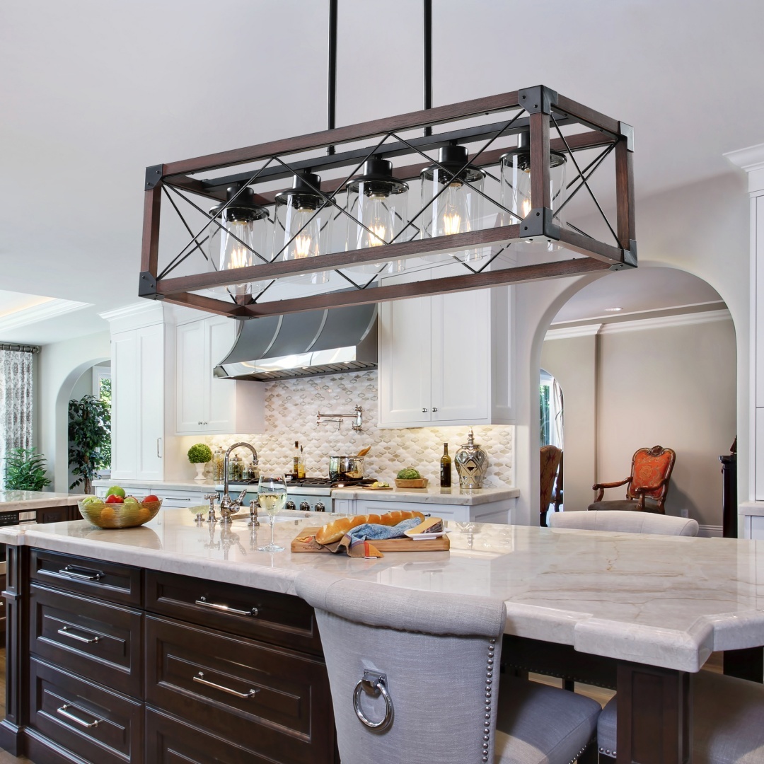 32in Red Wood Industrial Farmhouse Rectangle Pendant Light, 5-Light Chandelier With Lampshade For Dining Room, Kitchen Island, Cafe Decor No Bulbs