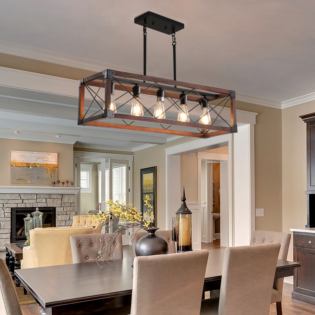 32in Red Wood Industrial Farmhouse Rectangle Pendant Light, 5-Light Chandelier For Dining Room, Kitchen Island, Cafe Decor No Bulbs - Image 5