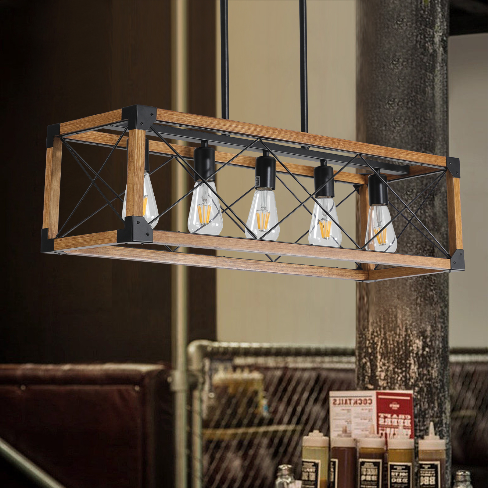 Same As W1340111207-L1011 32in Walnut Industrial Farmhouse Rectangle Pendant Light, 5-Light Chandelier For Dining Room, Kitchen Island, Cafe Decor -No Bulbs - Image 10