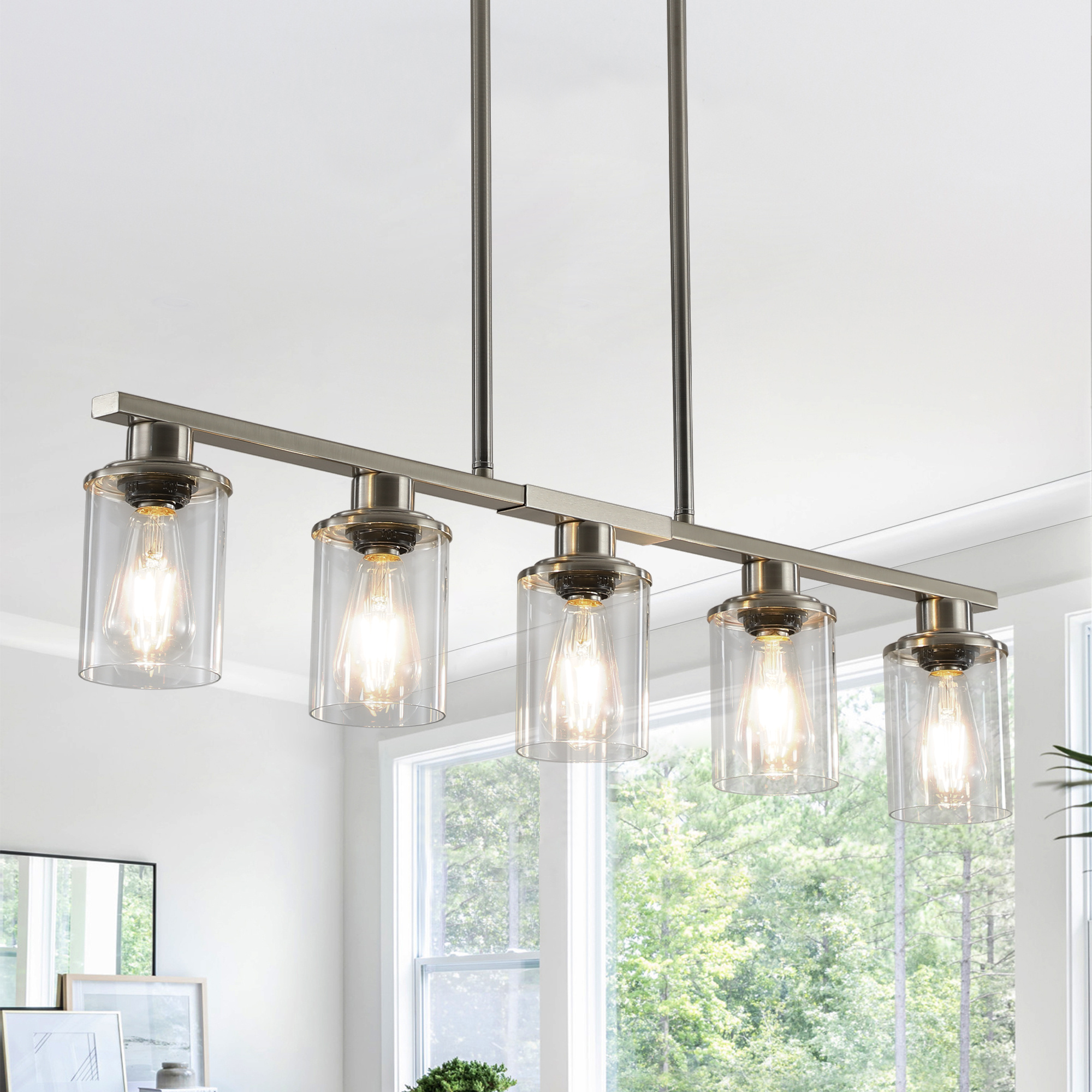 37 Brushed Nickel 5-Light Chandelier - Contemporary Kitchen Island Pendant Light With Clear Glass Shades For Dining Room, Farmhouse, Or Modern Decor No Bulbs - Image 2