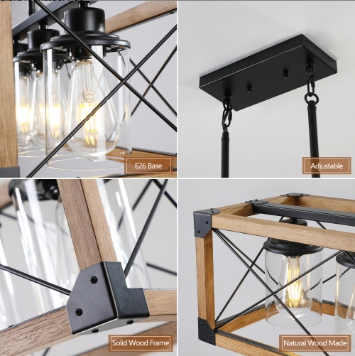 32 Inch Walnut Industrial Farmhouse Rectangle Pendant Light, 5-Light Chandelier With Lampshades For Dining Room, Kitchen Island, Cafe Decor No Bulbs - Image 6